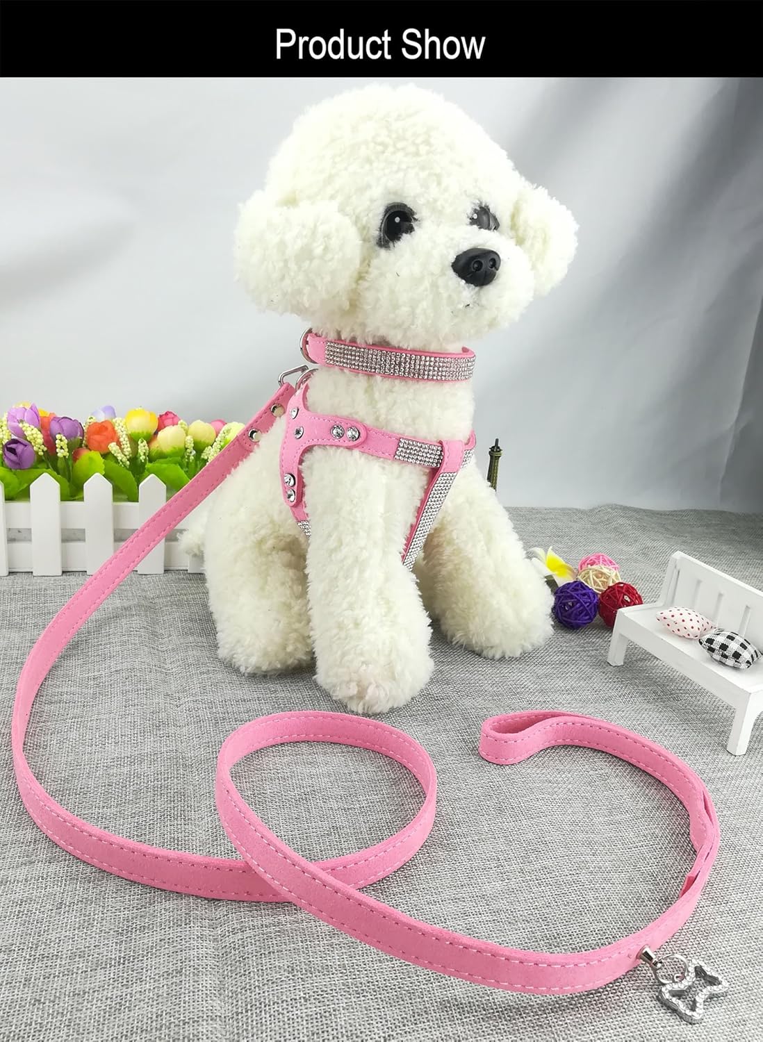 Dog Collar & Harness & Lead Sets Fashion Dog Collar Diamante with Harness & Leashes Comfortable Soft Collar Harness and Leashes Set for Dog - Pink - S