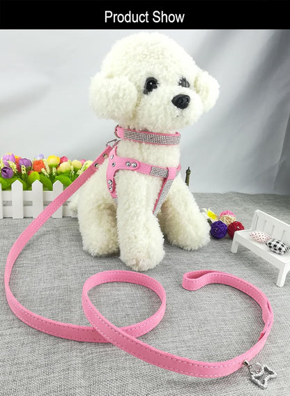 Dog Collar & Harness & Lead Sets Fashion Dog Collar Diamante with Harness & Leashes Comfortable Soft Collar Harness and Leashes Set for Dog - Pink - S