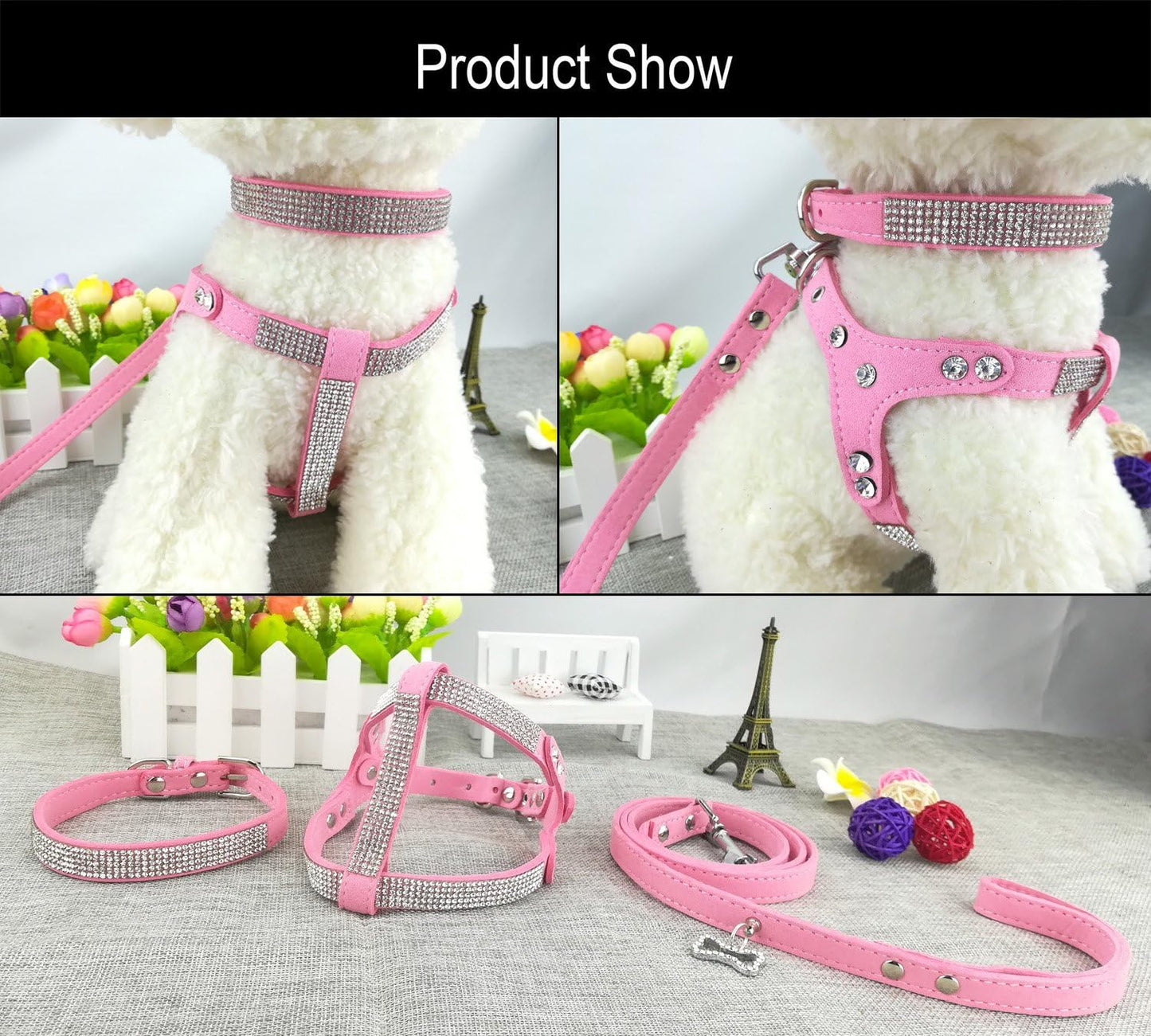 Dog Collar & Harness & Lead Sets Fashion Dog Collar Diamante with Harness & Leashes Comfortable Soft Collar Harness and Leashes Set for Dog - Pink - S