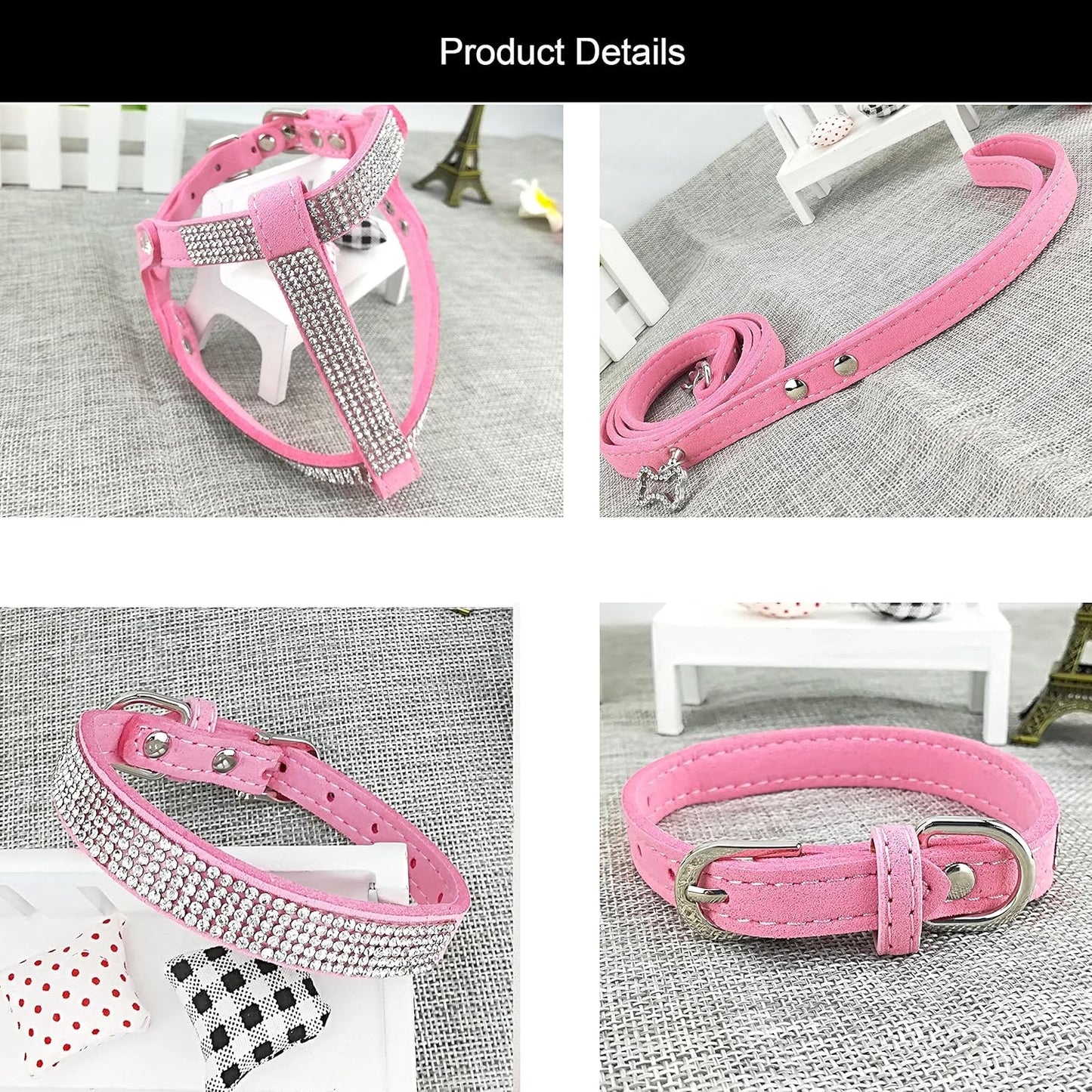 Dog Collar & Harness & Lead Sets Fashion Dog Collar Diamante with Harness & Leashes Comfortable Soft Collar Harness and Leashes Set for Dog - Pink - S