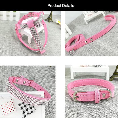 Dog Collar & Harness & Lead Sets Fashion Dog Collar Diamante with Harness & Leashes Comfortable Soft Collar Harness and Leashes Set for Dog - Pink - S