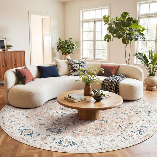 Vintage Floral Round Rug, 8ft Pink Blush, Washable Non Slip