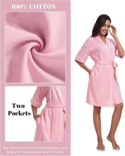 Womens 100% Cotton Robes Lightweight Summer Short Sleeve Lady Bathrobe Knee Length Kimono Robe Sleepwear with Pockets