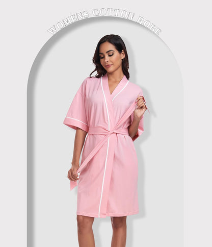 Womens 100% Cotton Robes Lightweight Summer Short Sleeve Lady Bathrobe Knee Length Kimono Robe Sleepwear with Pockets