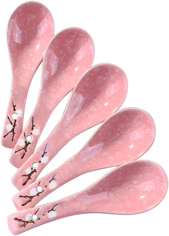 Ceramic Soup Spoon Set of 5, 5.7'' Pink Ramen Spoons with Plum Design