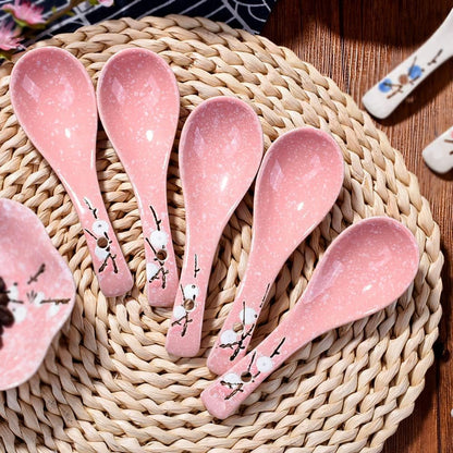 Ceramic Soup Spoon Set of 5, 5.7'' Pink Ramen Spoons with Plum Design