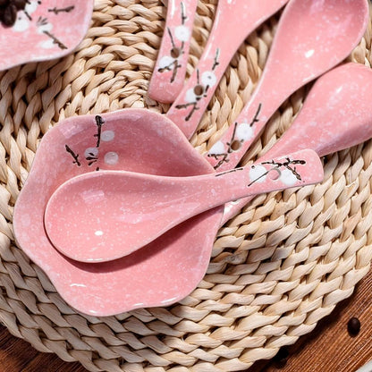 Ceramic Soup Spoon Set of 5, 5.7'' Pink Ramen Spoons with Plum Design