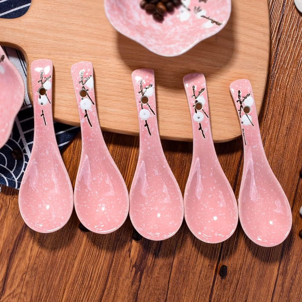 Ceramic Soup Spoon Set of 5, 5.7'' Pink Ramen Spoons with Plum Design