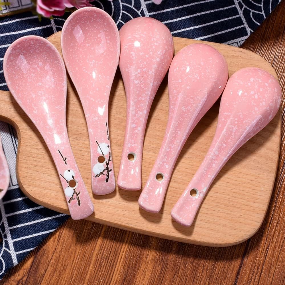 Ceramic Soup Spoon Set of 5, 5.7'' Pink Ramen Spoons with Plum Design
