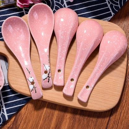 Ceramic Soup Spoon Set of 5, 5.7'' Pink Ramen Spoons with Plum Design