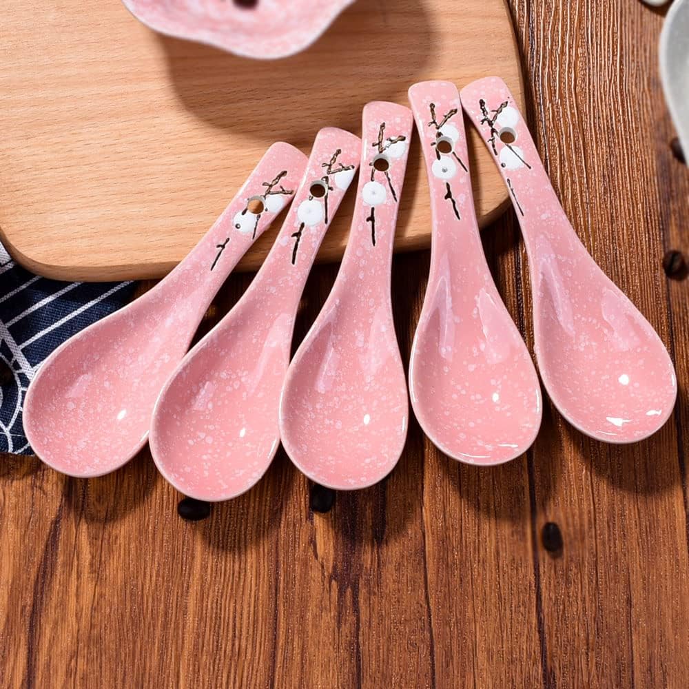 Ceramic Soup Spoon Set of 5, 5.7'' Pink Ramen Spoons with Plum Design