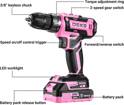 Power Drill Cordless: Pink Cordless Drill 20V Electric Power Drill Set Tool for Women Drills with Battery and Charger 20 Volt Drills Driver Kit