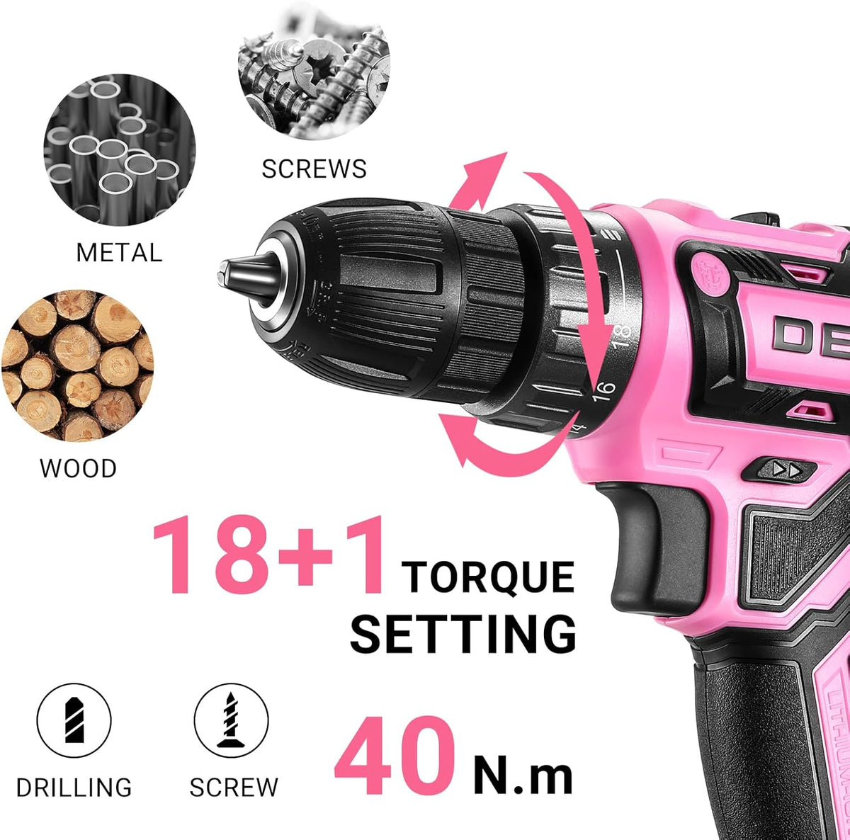 Power Drill Cordless: Pink Cordless Drill 20V Electric Power Drill Set Tool for Women Drills with Battery and Charger 20 Volt Drills Driver Kit