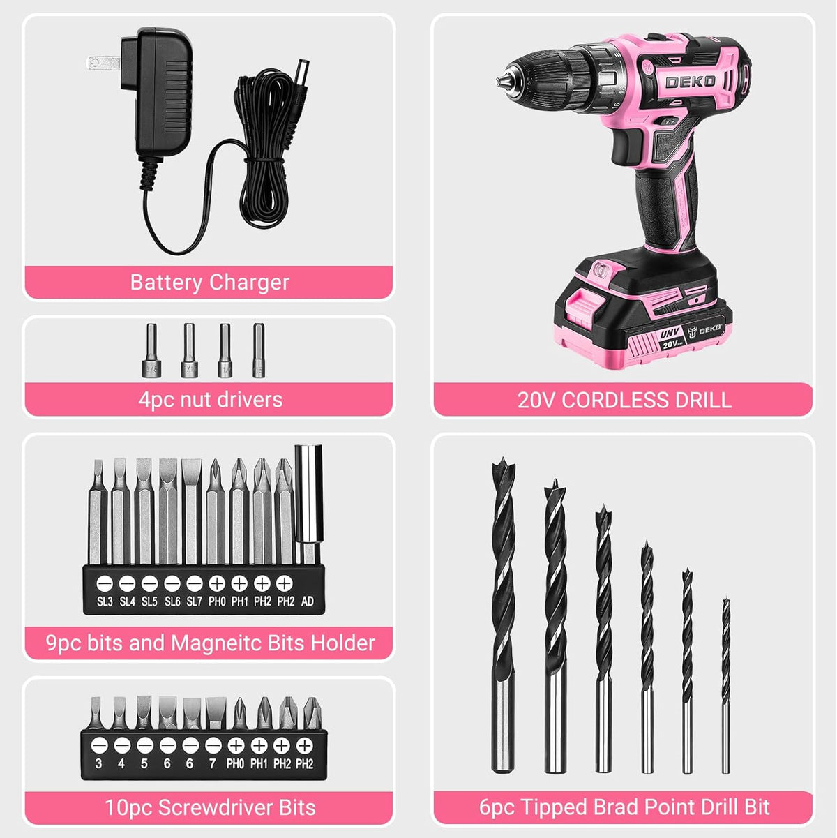 Power Drill Cordless: Pink Cordless Drill 20V Electric Power Drill Set Tool for Women Drills with Battery and Charger 20 Volt Drills Driver Kit