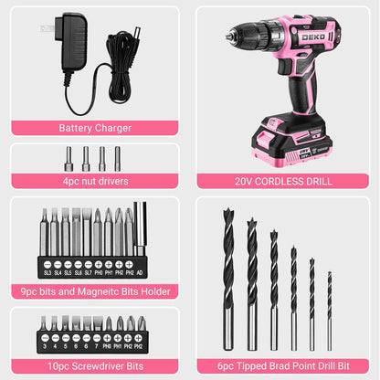 Power Drill Cordless: Pink Cordless Drill 20V Electric Power Drill Set Tool for Women Drills with Battery and Charger 20 Volt Drills Driver Kit