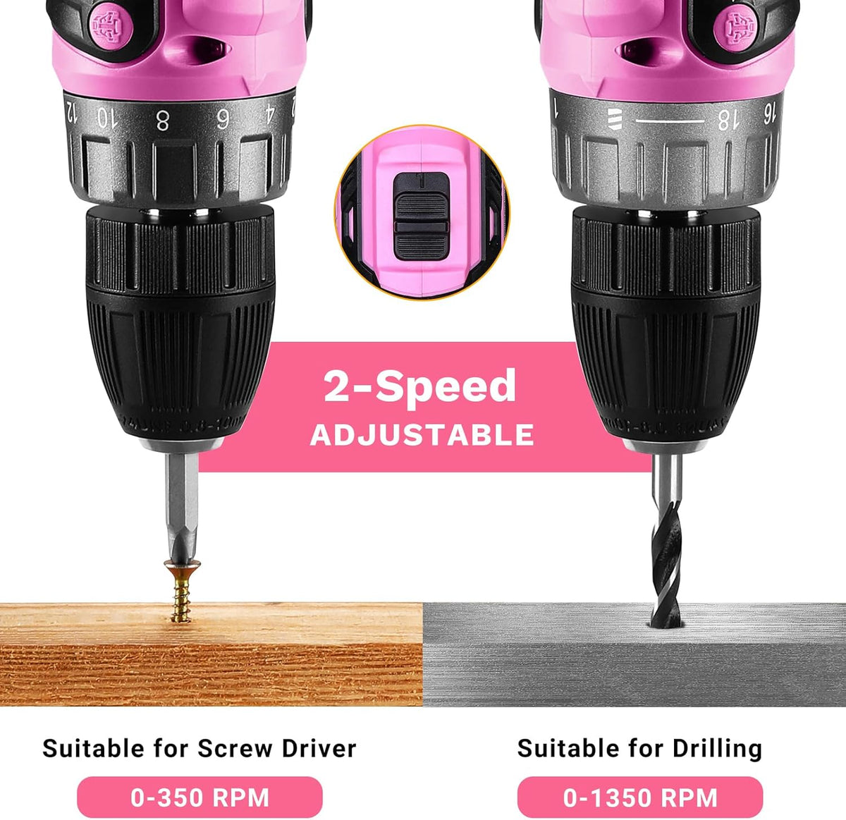 Power Drill Cordless: Pink Cordless Drill 20V Electric Power Drill Set Tool for Women Drills with Battery and Charger 20 Volt Drills Driver Kit