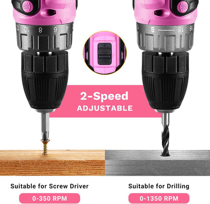Power Drill Cordless: Pink Cordless Drill 20V Electric Power Drill Set Tool for Women Drills with Battery and Charger 20 Volt Drills Driver Kit