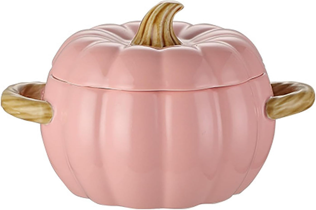 Ceramic Pumpkin Casserole Pot,Pumpkin Dutch Oven Pot with Lid,Halloween Pumpkin Soup Bowls, Creative Tableware Ceramic Pumpkin Bowl for Thanksgiving Autumn Fall Baking Halloween,Pink,0.4qt