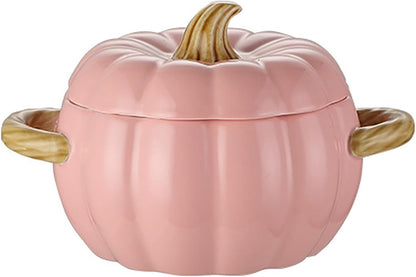 Ceramic Pumpkin Casserole Pot,Pumpkin Dutch Oven Pot with Lid,Halloween Pumpkin Soup Bowls, Creative Tableware Ceramic Pumpkin Bowl for Thanksgiving Autumn Fall Baking Halloween,Pink,0.4qt