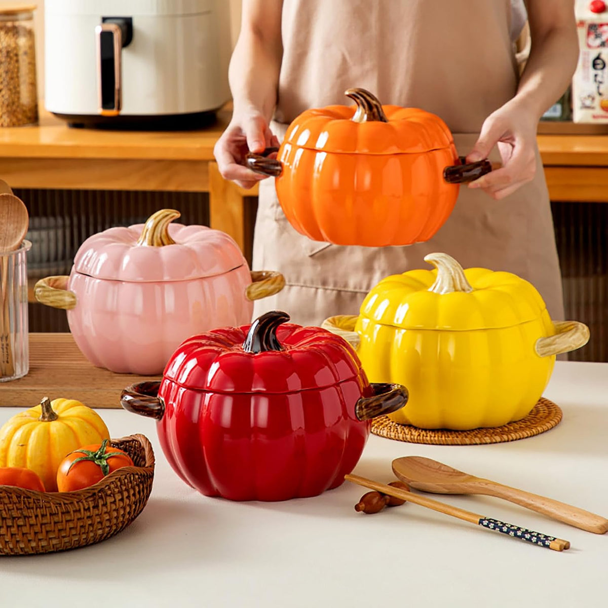 Ceramic Pumpkin Casserole Pot,Pumpkin Dutch Oven Pot with Lid,Halloween Pumpkin Soup Bowls, Creative Tableware Ceramic Pumpkin Bowl for Thanksgiving Autumn Fall Baking Halloween,Pink,0.4qt