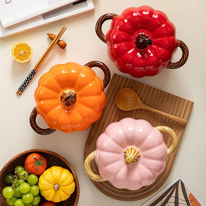 Ceramic Pumpkin Casserole Pot,Pumpkin Dutch Oven Pot with Lid,Halloween Pumpkin Soup Bowls, Creative Tableware Ceramic Pumpkin Bowl for Thanksgiving Autumn Fall Baking Halloween,Pink,0.4qt