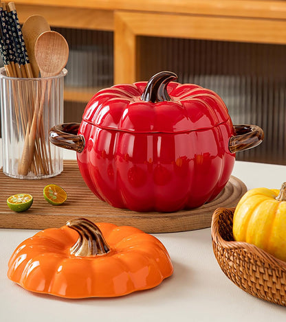 Ceramic Pumpkin Casserole Pot,Pumpkin Dutch Oven Pot with Lid,Halloween Pumpkin Soup Bowls, Creative Tableware Ceramic Pumpkin Bowl for Thanksgiving Autumn Fall Baking Halloween,Pink,0.4qt