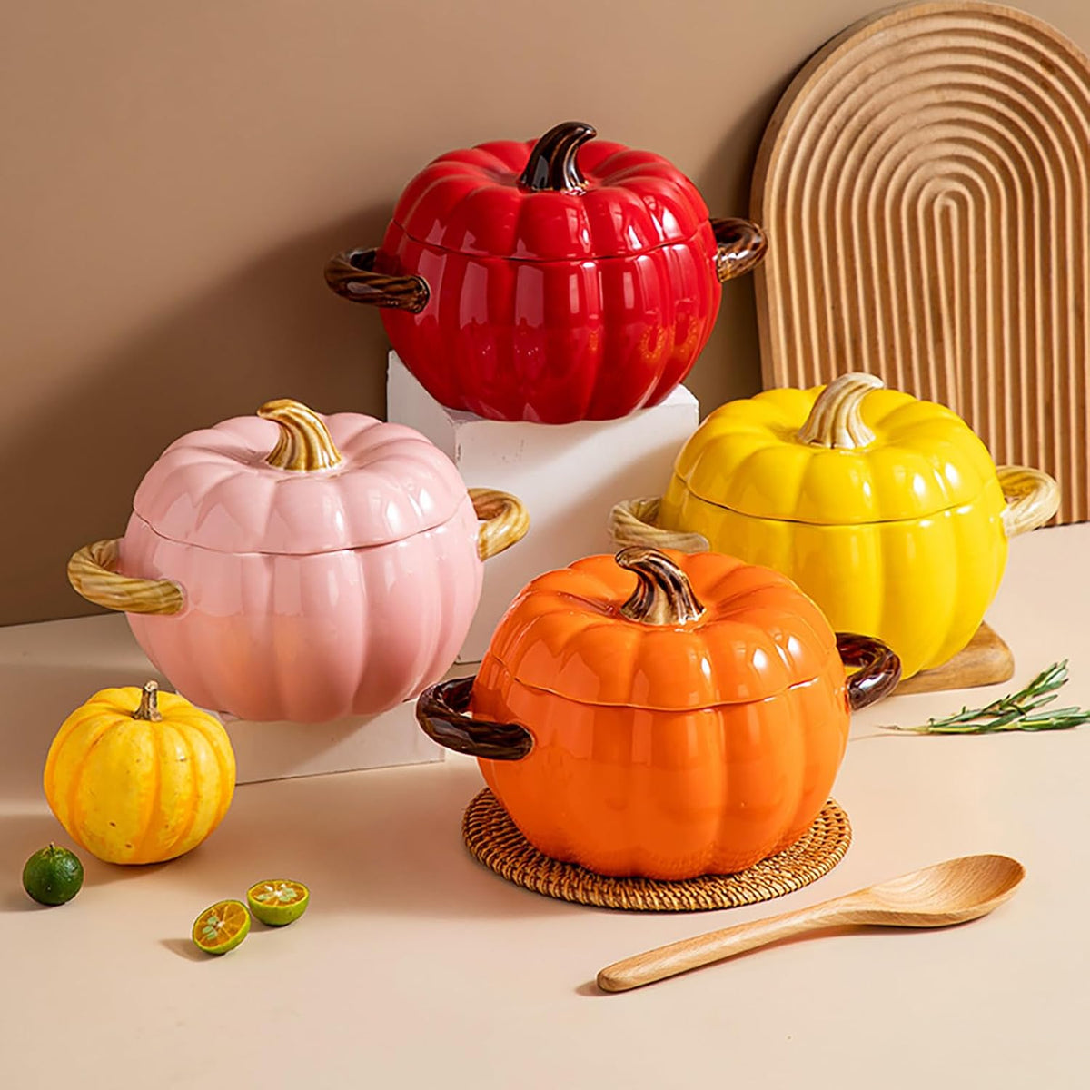 Ceramic Pumpkin Casserole Pot,Pumpkin Dutch Oven Pot with Lid,Halloween Pumpkin Soup Bowls, Creative Tableware Ceramic Pumpkin Bowl for Thanksgiving Autumn Fall Baking Halloween,Pink,0.4qt