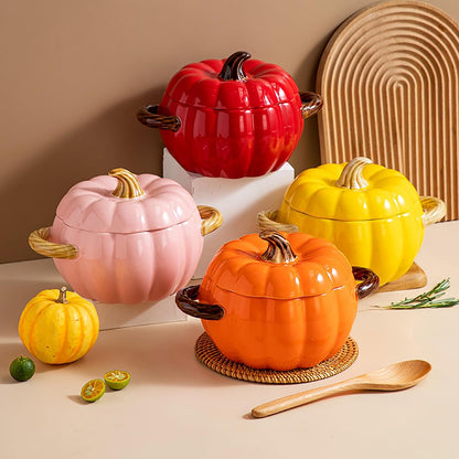 Ceramic Pumpkin Casserole Pot,Pumpkin Dutch Oven Pot with Lid,Halloween Pumpkin Soup Bowls, Creative Tableware Ceramic Pumpkin Bowl for Thanksgiving Autumn Fall Baking Halloween,Pink,0.4qt