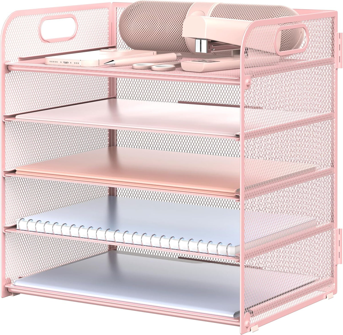 Letter Tray Paper Organizer 5-Tier Desk Organizer File Organizer Paper Holder with Handle, Metal Desktop Document Shelf Tray Office Classroom Organization - Pink, PK5CENGTISHOU