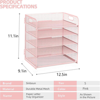 Letter Tray Paper Organizer 5-Tier Desk Organizer File Organizer Paper Holder with Handle, Metal Desktop Document Shelf Tray Office Classroom Organization - Pink, PK5CENGTISHOU