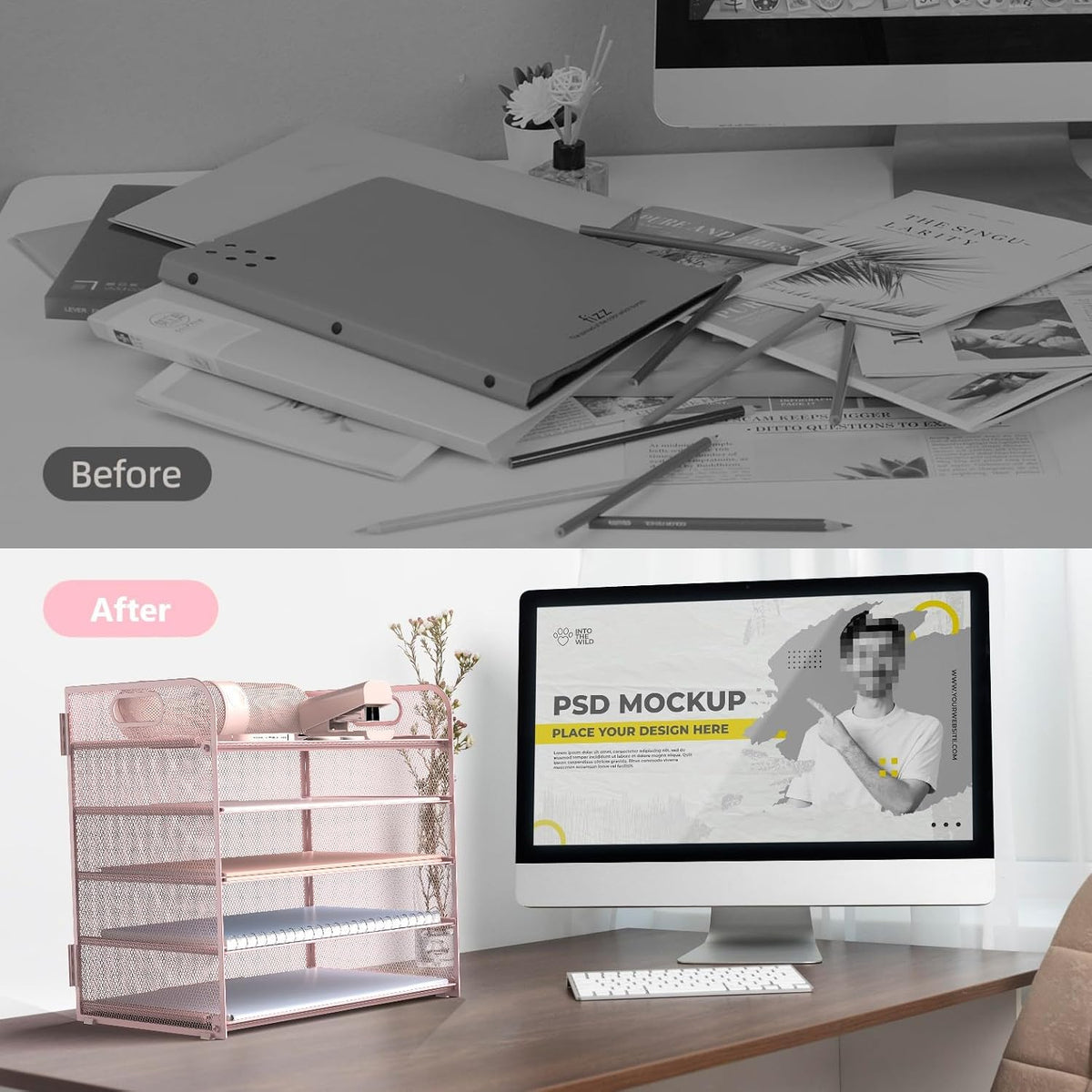 Letter Tray Paper Organizer 5-Tier Desk Organizer File Organizer Paper Holder with Handle, Metal Desktop Document Shelf Tray Office Classroom Organization - Pink, PK5CENGTISHOU