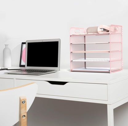 Letter Tray Paper Organizer 5-Tier Desk Organizer File Organizer Paper Holder with Handle, Metal Desktop Document Shelf Tray Office Classroom Organization - Pink, PK5CENGTISHOU