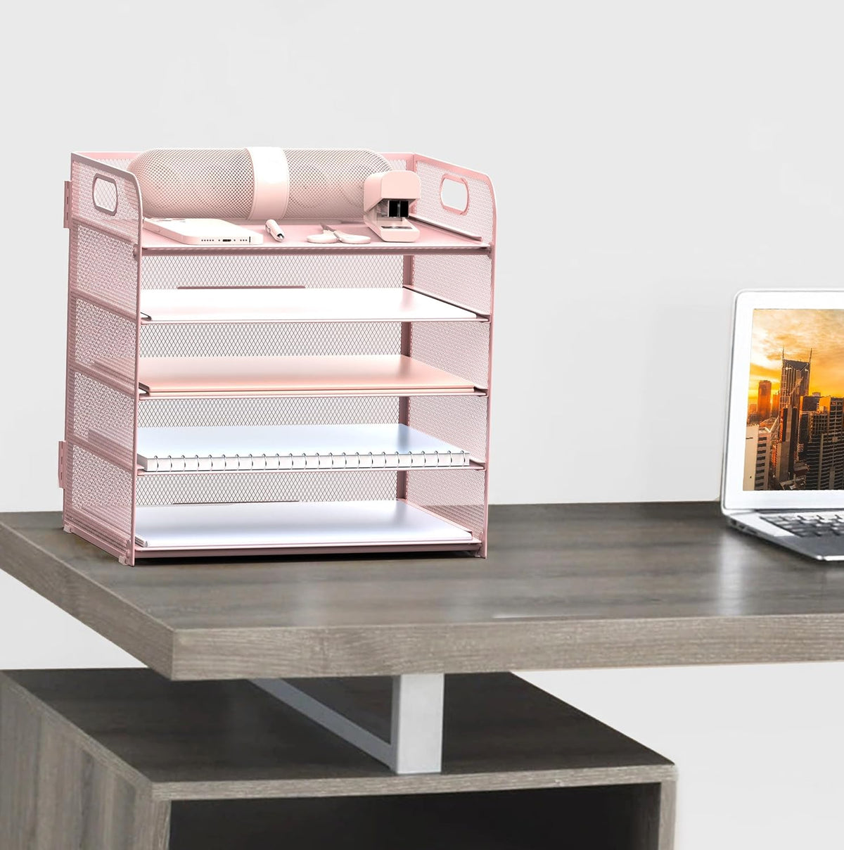Letter Tray Paper Organizer 5-Tier Desk Organizer File Organizer Paper Holder with Handle, Metal Desktop Document Shelf Tray Office Classroom Organization - Pink, PK5CENGTISHOU