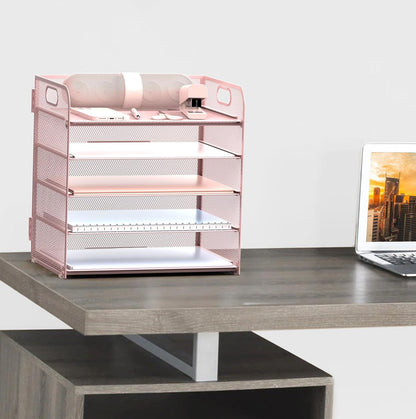 Letter Tray Paper Organizer 5-Tier Desk Organizer File Organizer Paper Holder with Handle, Metal Desktop Document Shelf Tray Office Classroom Organization - Pink, PK5CENGTISHOU