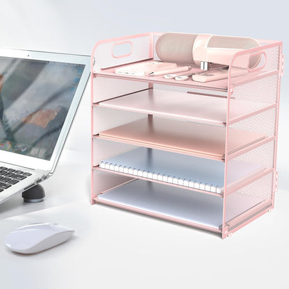 Letter Tray Paper Organizer 5-Tier Desk Organizer File Organizer Paper Holder with Handle, Metal Desktop Document Shelf Tray Office Classroom Organization - Pink, PK5CENGTISHOU