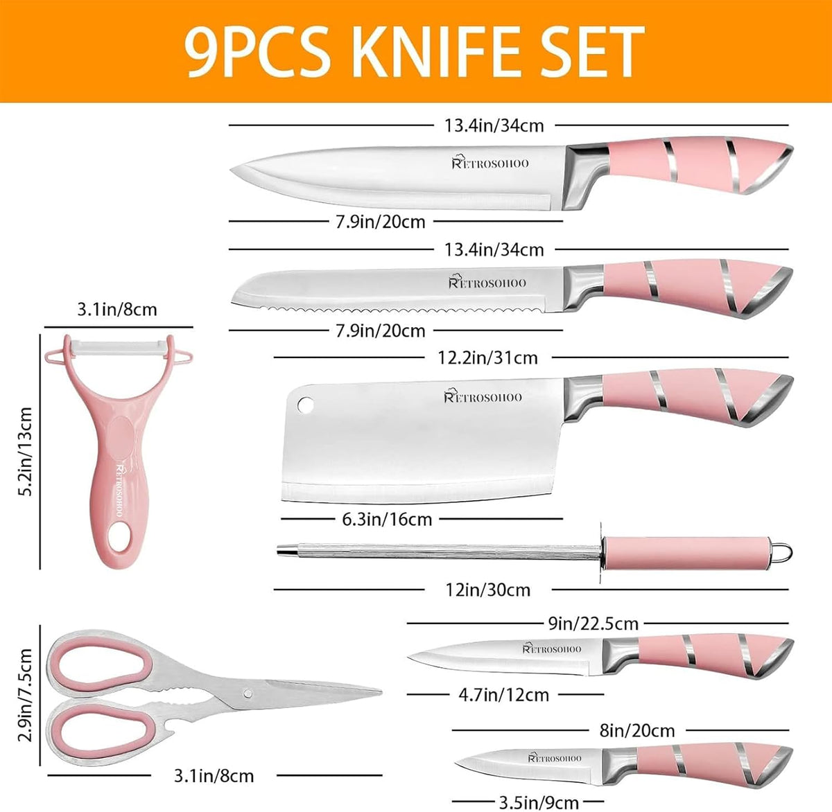 9-Pieces Knife Set with Block, Stainless Steel Knife Block Set