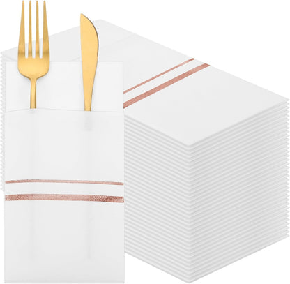 100 Pack Disposable Dinner Napkins with Pocket, White, Rose Gold
