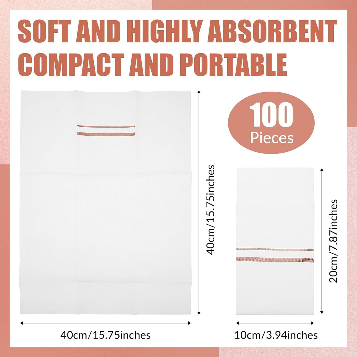 100 Pack Disposable Dinner Napkins with Pocket, White, Rose Gold
