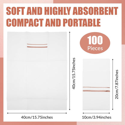 100 Pack Disposable Dinner Napkins with Pocket, White, Rose Gold