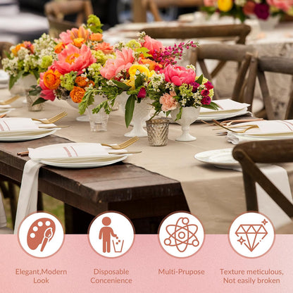 100 Pack Disposable Dinner Napkins with Pocket, White, Rose Gold