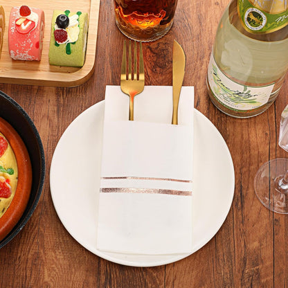 100 Pack Disposable Dinner Napkins with Pocket, White, Rose Gold