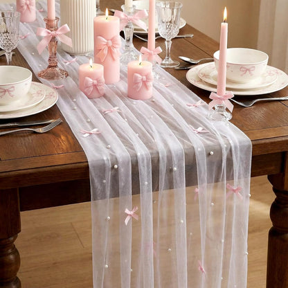 Pink Bow Table Runner 30 x 120 Inch Pearl Tulle Table Decor