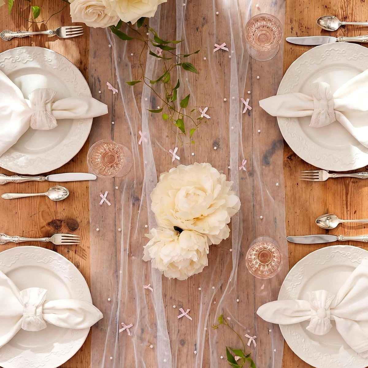 Pink Bow Table Runner 30 x 120 Inch Pearl Tulle Table Decor