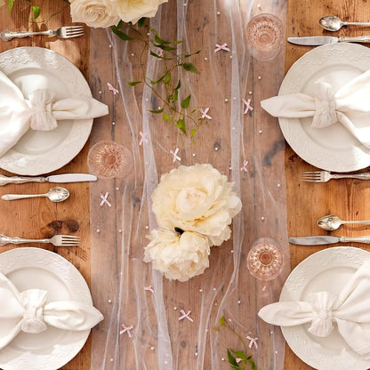 Pink Bow Table Runner 30 x 120 Inch Pearl Tulle Table Decor