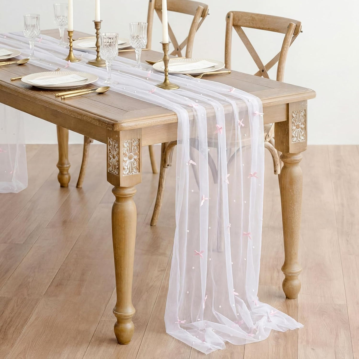 Pink Bow Table Runner 30 x 120 Inch Pearl Tulle Table Decor