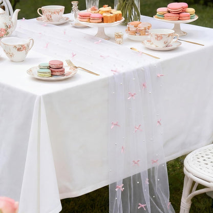 Pink Bow Table Runner 30 x 120 Inch Pearl Tulle Table Decor