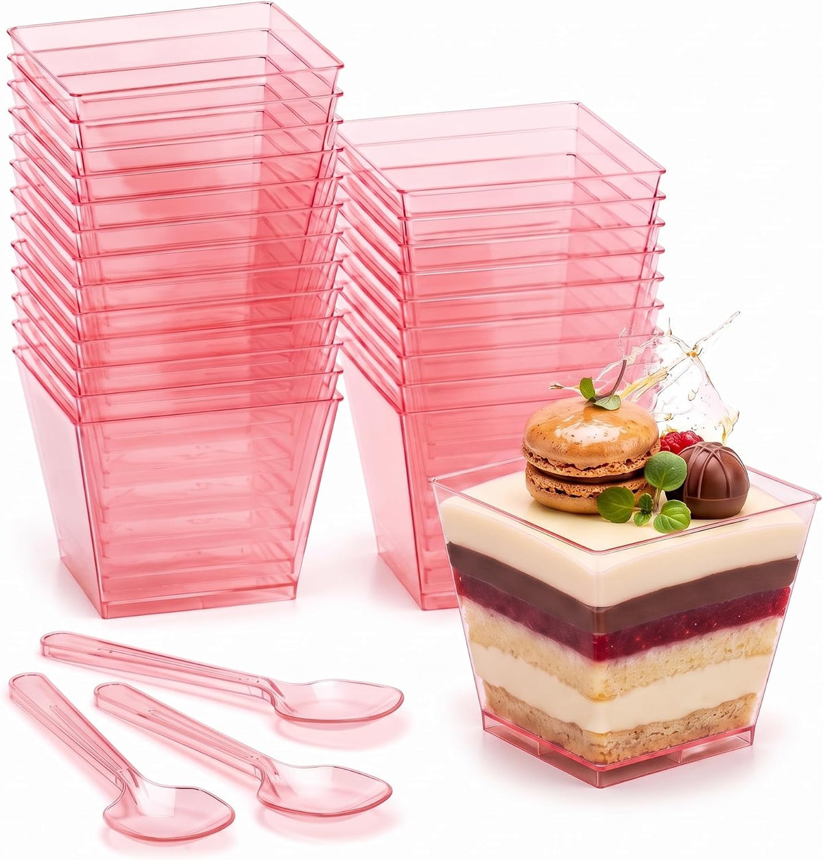50 Sets Square Dessert Cups with Spoons, Disposable, 3.5 oz, Pink