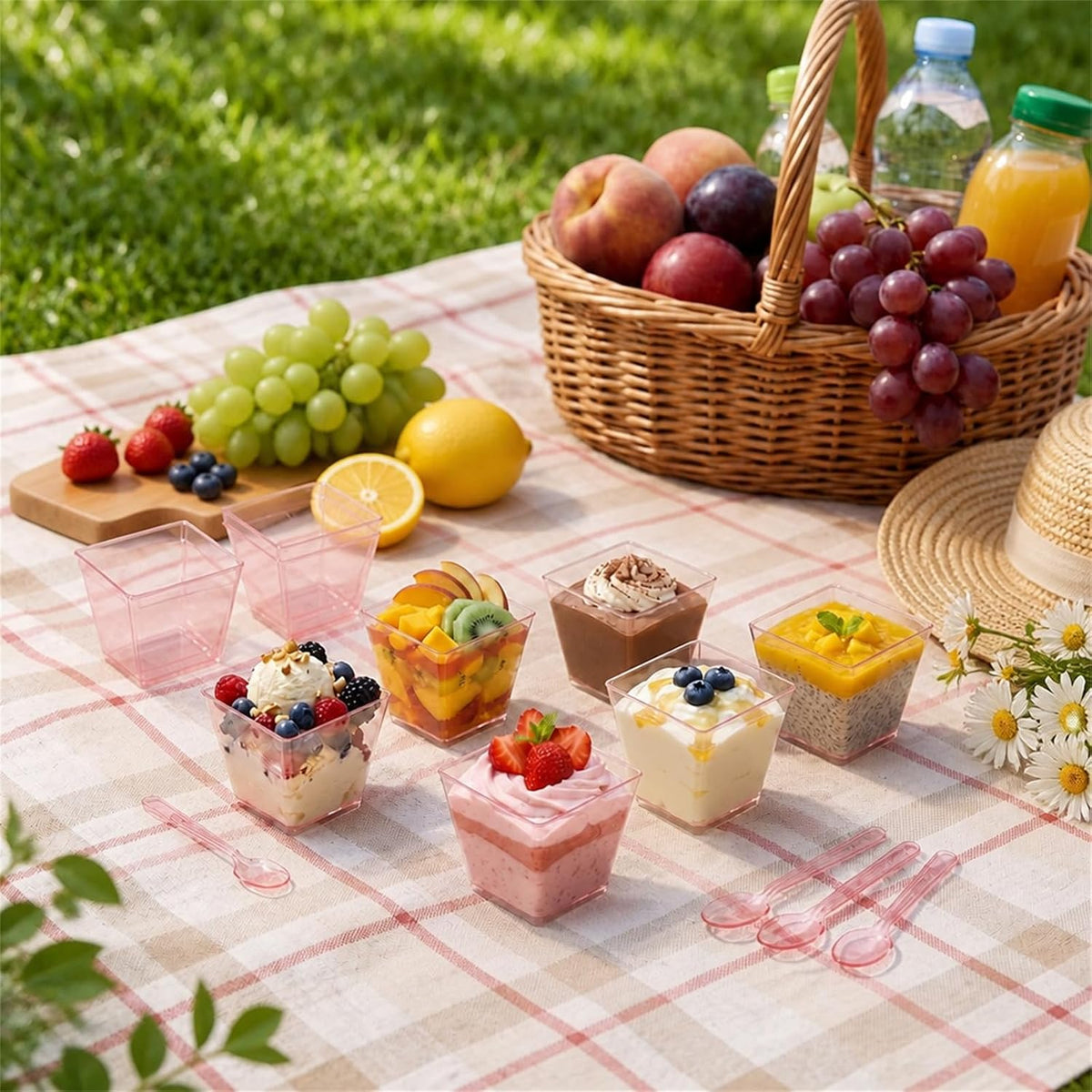 50 Sets Square Dessert Cups with Spoons, Disposable, 3.5 oz, Pink