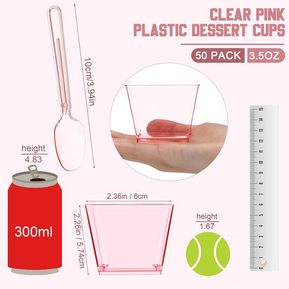50 Sets Square Dessert Cups with Spoons, Disposable, 3.5 oz, Pink