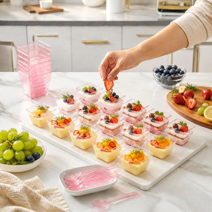 50 Sets Square Dessert Cups with Spoons, Disposable, 3.5 oz, Pink